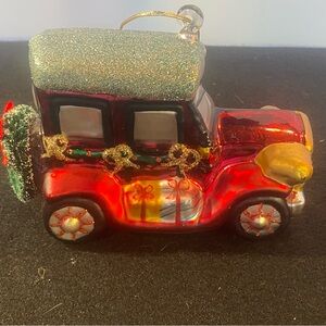 Vintage Blown Glass Automobile Red Model T Wirebrush Wreath Christmas Ornament